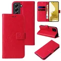LBH Handy Hülle für Samsung Galaxy S22 Case Handytasche Schmetterling Blumen Flower Standfunktion Schutzhülle Magnet Rundum Schutz 360 Grad Flipcase Cover Rot