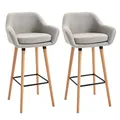 HOMCOM Barhocker 2er Set, Barstuhl mit Sitzkissen, Holzbeine, Rückenlehne und Armlehnen, Küchenstühle mit Fußstütze aus Holz, Tresenhocker für Küche, Wohnzimmer, Esszimmer, Leinenoptik, Beige