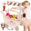 Mamabrum Eiswagen Holzspielzeug Set - Eisdiele mit Magnetischem Zubehör, Kuchenzubehör Kinder Holz, Einkaufsladen Zubehör - Rollenspiel ab 3 Jahren (15 Teile)