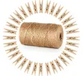 ABSOFINE Garten Kordel mit 100 Wäscheklammern Holz 3,5cm Bastelschnur Jute Kordel 100M Natur Juteschnur Clothespins Verpackung Gastgeschenk