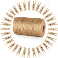 Natürliche Juteschnur 100M mit 100 Holzklammern - Bastelschnur für DIY Projekte