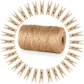 Juteschnur mit 100 Holzklammern, Bastelschnur, Natur, 100 m, DIY Deko, Geschenk