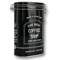 MediMuc Vorratsdose Kaffeedose Teedose oval lackiert schwarz mit weisser Schrift mit Bügelverschluss Maße: (H/B/T) ca. 20,0 × 12,2 × 8,0 cm Volumen ca. 1,8L