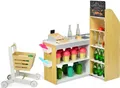 GOPLUS Kaufladen mit Einkaufswagen, Supermarkt aus Holz, Kaufmannsladen mit Tafel & Registrierkasse, inkl. Scanner & Kartenlesegerät & Kreditkarte & Münzen für Kinder ab 3 Jahren