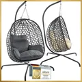 Premium Hängesessel mit Gestell & Kissen in Grau | In- & Outdoor Hängekorb Sessel | Schwebeliege aus Polyrattan | Belastbar bis 120 kg - Grau