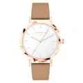 Liebeskind Berlin Damen Armbanduhr – Rundes Gehäuse mit gemustertem Acetat-Topring – Lederarmband – Schlichtes Ziffernblatt – Elegante Quarzuhr - Roségold und Braun