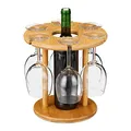 Relaxdays Weinglashalter, Bambus, für 6 Gläser, rund Ø 25cm, Weingeschenk, Bar, Weinbutler mit Weinflaschenhalter, natur 1 Stück