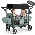 Sekey Bollerwagen Kinder Zwillingsmodus, Bollerwagen Faltbar mit Dach 2 Kinder, Duo Schiebegriff Kinderwagen Doppelsitz mit 2 integrierten 5-Punkt-Gurtsystem, Zwillingskinderwagen Luxer 6060, Grün
