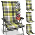 Beautissu 4er Set Hochlehner Auflagen Set Gartenstühle 120x50 cm Polster Grün Kariert – 6cm Dicke Polsterauflage Bequem, rutschfest & UV-Lichtecht 5 – Stuhlkissen Sitzauflage – Sunny GR