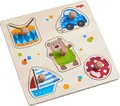 HABA 304608 - Greifpuzzle Spielsachen, 5-teiliges Holzpuzzle mit Spielzeug-Motiven und großen, griffigen Holzknöpfen, Holzspielzeug ab 12 Monaten, Bunt (Vivid Colors)