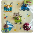 1x Greifpuzzle Holzpuzzle HABA 5-teiliges mit Spielzeug-Motiven ab 12 Monaten
