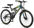 Licorne Bike Strong D Premium Mountainbike in 26 Zoll - Fahrrad für Jungen, Mädchen, Damen und Herren - Scheibenbremse vorne und hinten-Shimano 21 Gang-Schaltung-Vollfederung-Schwarz/Blau/Lime