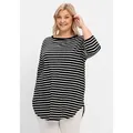 Longshirt SHEEGO "Große Größen", Damen, Gr. 52/54, schwarz-weiß (schwarz, weiß), Obermaterial: 95% Baumwolle, 5% Elasthan, gestreift, sportlich, figurumspielend lang, Rundhals, 3/4-Ärmel, Shirts, mit Streifen und Nacken-Reißverschluss