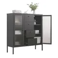 Mein-Regal Highboard Paris Schwarz Beistellschrank Wohnzimmer Aufbewahrungsschrank Metall Schrank Ablage und Glastüren, Kommode für Bücher und Deko LxBxH ca. 105x35x110 cm