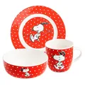 United Labels The Peanuts 3-teiliges Frühstücksset Snoopy, Rot mit Punkten, Geschirr Set aus Porzellan mit Teller Ø 19 cm, Tasse 220 ml und Schale 330 ml