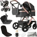 Bergsteiger Nizza 3 in 1 Kinderwagen, Kombikinderwagen Komplettset, Babywanne & Buggy Sportsitz inklusive, Auto-Babyschale & Isofix Station optional - Grau