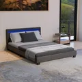 Juskys Polsterbett 140x200 cm – Bett Paris mit LED Beleuchtung, Lattenrost & Kopfteil, modernes Doppelbett aus Kunstleder & Holz – Schwarz