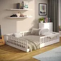CADANI Timi Bodenbett Kinderbett 140x200 cm, Rausfallschutz abnehmbar, bis 200 kg belastbar, inkl. Roll-Lattenrost, Montessori Bett aus Kiefer Mass...