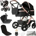 Bergsteiger Nizza 3 in 1 Kinderwagen, Kombikinderwagen Komplettset, Babywanne & Buggy Sportsitz inklusive, Auto-Babyschale & Isofix Station optional - Schwarz