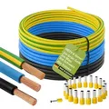H07V-K 6 mm2 Verdrahtungsleitung 5m Schwarz je 2m Blau +Grün Gelb Set, mit 40 Aderendhülsen