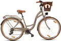 Goetze Mood 28 Zoll City Bike, 18 Zoll Tiefeinsteigerrahmen, 7-Gang Shimano Tourney, V-Bremse, LED-Beleuchtung, Komfortsattel, Rattankorb