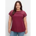 Spitzenshirt SHEEGO "Spitzenshirt", Damen, Gr. 52/54, lila (beere), 100% Viskose, unifarben, Rundhals, Shirts