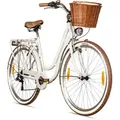 Bergsteiger Marseille 26 Zoll 28 Zoll Damenfahrrad, ab 150 cm, Korb aus Rattan, Fahrrad-Licht, Damen-Citybike, Damenrad im Retro-Design, 6 Gang Shi... - Weiß