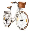 Bergsteiger Marseille 28 Zoll Damenfahrrad, ab 150 cm, Korb aus Rattan, Fahrrad-Licht, Damen-Citybike, Damenrad im Retro-Design«, 6 Gang Tourney Schaltung, Kettenschaltung