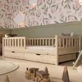 Crazy Pine Kinderbett mit Schublade 190x90cm – Massives Montessori Bodenbett aus Holz mit Rausfallschutz – Crazy Basic - Naturbelassen