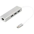 USB 3.2 Gen 1 Multiport-Hub, USB-C Stecker > 3x USB-A Buchse + RJ-45 Buchse, USB-Hub weiß/silber, 20cm, Gigabit LAN