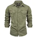 FALKENSTEJN Herrenhemd - Modell Riccaldo - 100% Baumwolle – Vintage Hemd Cargo Langarm-Hemd für Männer - Hoher 3 Farben (XL, Army)