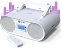 KLIM Boombox B4 Radio mit CD Player + AM/FM Radio, MP3, Bluetooth, AUX, USB + NEU + CD Player tragbar mit kabellosem Modus und aufladbaren Akku + Mit Fernbedienung, Autosleep, Digital EQ - Weiß