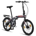 Licorne Bike Phoenix 2D, 20 Zoll Aluminium-Faltrad-Klapprad, Scheibenbremse, Discbremse, V-Bremse Faltfahrrad-Herren-Damen, 7 Gang Kettenschaltung - Folding City Bike, Alu-Rahmen, StVZO, Vorderlampe, Hinterlampe Farbe:Anthrazit-Rot;Stil:Disc-Bremse
