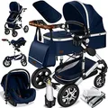 KESSER® Loops 3 in 1 Kinderwagen Kombikinderwagen Komplett-Set inkl. Babywanne & Buggy Sportsitz & Auto-Babyschale Voll-Gummireifen Wickeltasche Regenschutz Kindertisch ECE R129, Blau/Silber