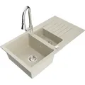 Mexen Matias 1,5-Becken-Granitspüle mit Abtropffläche und Mischbatterie Elia, Weiß - 6502-69-670101-00 - Beige