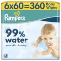 Pampers 99% Water Baby-Feuchttücher, 6 Packungen mit 60 Feuchttüchern = 360 Baby-Feuchttücher, leichte Lotion mit 99% Wasser