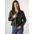 Lederjacke MAURITIUS "MWLusan", Damen, Gr. L, schwarz, Obermaterial: 100% Schafsleder. Futter: 90% Baumwolle, 10% Polyester. Ärmelfutter: 100% Polyester, unifarben, modisch, regular fit kurz, Langarm Manschette mit Schlitz, Jacken, mit Umlegekragen