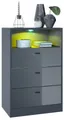 Vladon Kommode Pino V2 (Anrichte, mit 3 Schubladen & 1 offenem Fach mit Beleuchtung), Anthrazit matt/Grau Hochglanz (56 x 86,5 x 36 cm)