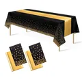 4Pack Disposable Plastic Tablecloths 137 * 274 cm and Satin Table Runner,Party Table Cloths,Gold Dot Confetti Table Cover for Birthday, Engagement, Wedding (Black Gold+Gold Table Runner)