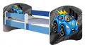 ACMA Kinderbett 140x70 cm Blau mit Matratze & Lattenrost – Jugendbett mit Rausfallschutz, personalisiertes Motiv 04 Blaue Auto, stabiles Kinderbett für Kinderzimmer, belastbar bis 120 kg