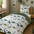 Dinosaurier Bettwäsche 135x200 80x80 cm 2-teiliges Set Motiv "Happy Dinos" aus 100% Baumwolle mit Reißverschluss - Grün/Weiß