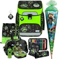 Pridera Scooli Schulranzen Jungen 1.Klasse EasyFit (9tlg. Set passend dazu Sporttasche Brotdose Trinkflasche Schultüte R, Space Robot - Pixel - Glow Edition)