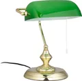 Relaxdays Bankerlampe mit Zugschalter, grüner Schirm, runder Sockel, Vintage Design, Glas, HBT: 31x22,5x18,5cm, messing