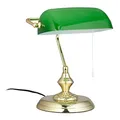 Relaxdays Bankerlampe mit Zugschalter, grüner Schirm, runder Sockel, Vintage Design, Glas, HBT: 31x22,5x18,5cm, Messing, Grün