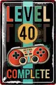 LANOLU Retro Blechschild - 40 Schild Geburtstag - LEVEL 40 COMPLETE - 40 Jahre Geburtstag Deko Mann, lustiges Geburtstagsschild 40, Gamer Geburtstagskarte 40, 20x30 cm