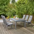 SIENA GARDEN Savona/Kingston Garten-Essgruppe, matt graphit/grau/slate look, Alu/Teak/Keramik/Texfabric, Tisch 220/340x108 cm, 6 Stapelsessel
