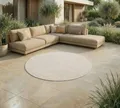 Jimri In- & Outdoor Teppich - Wetterfester Teppich für Balkon, Terrasse, Garten, Wohnzimmer, Küche - Strapazierfähiger Bodenteppich, Widersteht UV-Strahlen & Wasser - Größe 120 cm Rund, Weiß