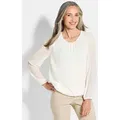 GOLDNER Klassische Bluse Kurzgröße: Jerseybluse mit Falten-Details Blusenshirt mit Rundhals, Gummibündchen und Langarm weiß 21
