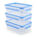 EMSA Clip & Close Frischhaltedosen-Set, rechteckig, 3 x 1 L, Aufbewahrungsboxen, 100 Prozent dicht, spülmaschinen-, gefrier-, mikrowellenfest, Transparent, Blau, Made in Germany, 508558