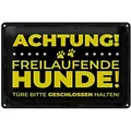 Roomando Metallschild Blechschild Hund Achtung freilaufende Hunde 30x20cm 30x20